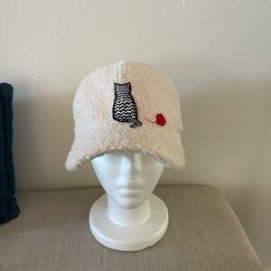 Cozy Cream Colored Fuzzy Ball Cap Hat with Cat Appliqué